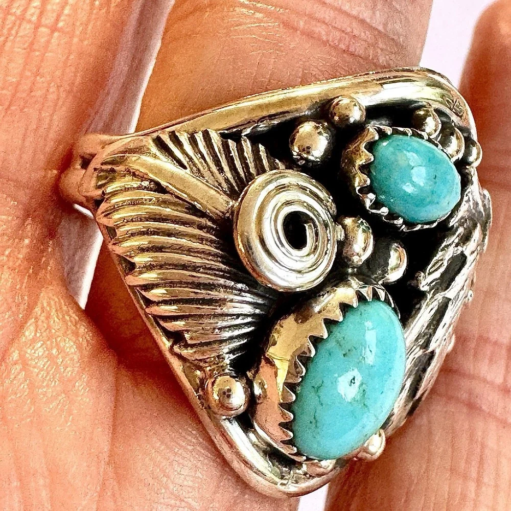 Navajo Eagle Turquoise Mens Ring Sz 14 Sterling Signed DM Native American USA